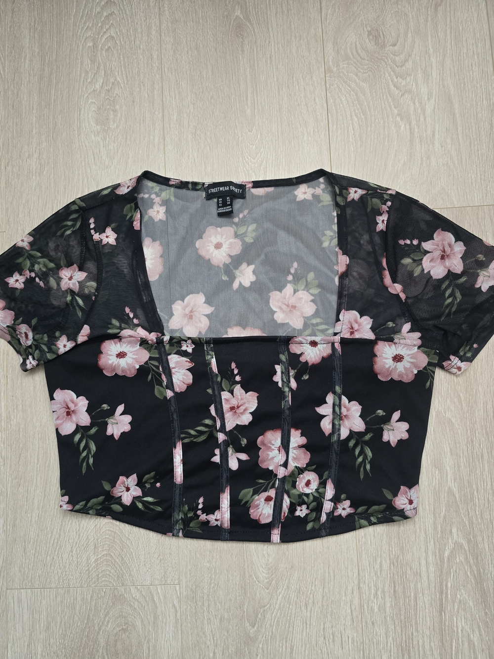 Streetwear Society Black Mesh Crop Top with Pink Floral Print Size XL  Y2K